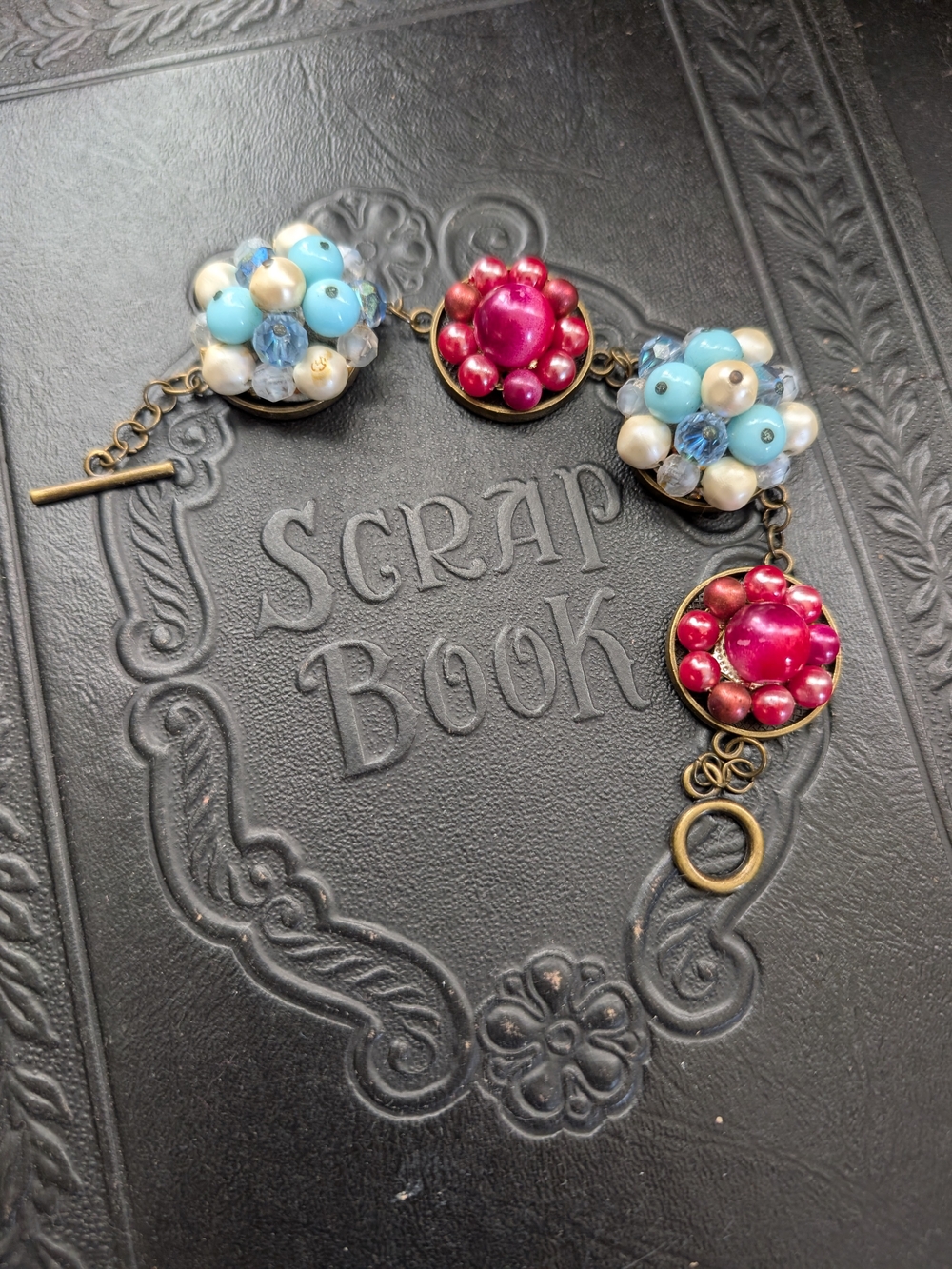 Hand made, upcycled vintage clip on earrings bracelet, 7.5 Inches